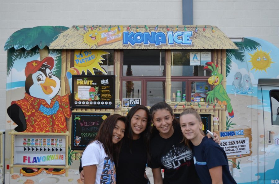 Julie Le 20, Andie Kim 20, Jada Gritton 20, and Renee Ventresca 20 at the shaved ice truck.