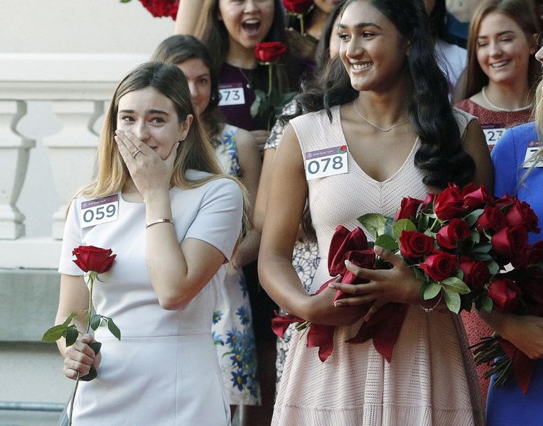 Helen Rossi 19 reacts to being chosen for the Rose Parade’s 2019 Royal Court by Tournament of Roses President Gerald Freeny.  