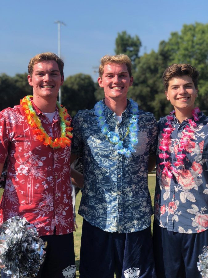 Oliver Brookbanks 19, Ben Brookbanks 19, and Luke Stiles 19 enjoying the Hawaiian dress-up day.