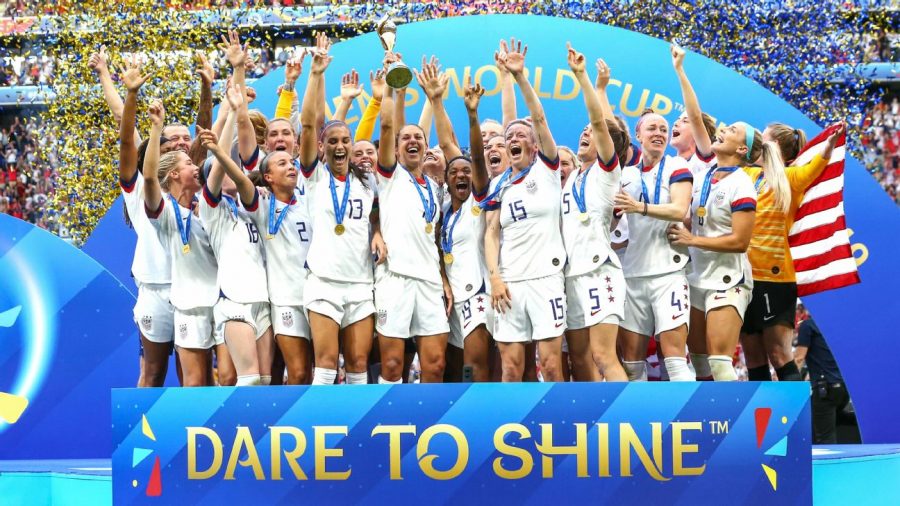 The US Womens National Team celebrates their World Cup win this past summer.