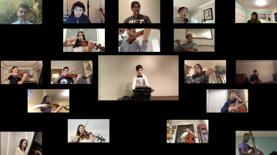 A screenshot of Preps orchestra class performing in the virtual concert