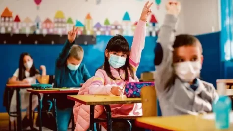 Children return to school in masks after over a year of distance learning. 