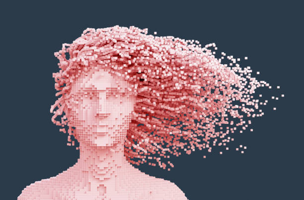 Pink Pixelated Head Of Woman And 3D Pixels As Hair On Blue Background. 3D Illustration.