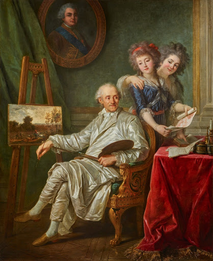 Antoine-François Callet, Portrait of the Comte de Cromot, Superintendent of the Comte de Provence, at an Easel, Accompanied by his Two Daughters-in-law, 1787